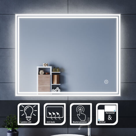 SIRHONA Espejo de baño Rectangular Espejo Led con Interruptor Táctil-Espejo Pared para Baño  70x90cm con Función Anti-Niebla-Frío Blanco(6500K)-Ahorro de Energía