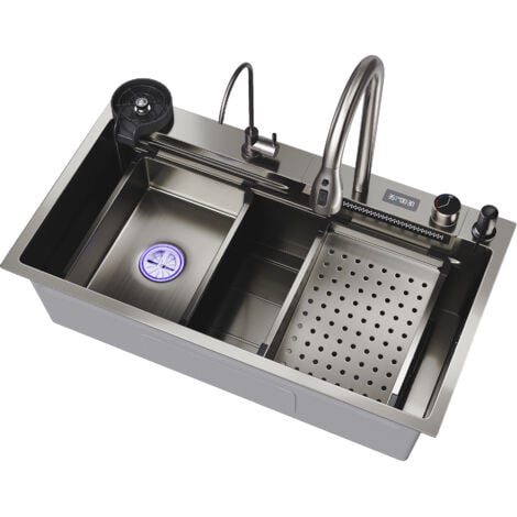 SIRHONA Évier de Cuisine 1 Bac Acier Évier en acier inoxydable,Sortie d'eau de type cascade, robinet multifonctionnel 80x45x23 cm avec affichage de la température