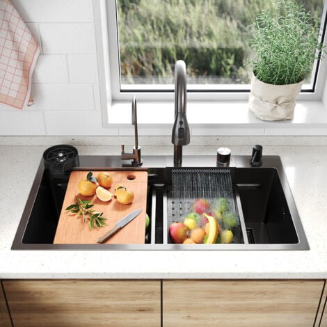 SIRHONA Évier de Cuisine 1 Bac Acier inoxydable 304 avec bec cascade et robinet escamotable 80x45x23 cm