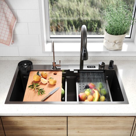 SIRHONA Évier de Cuisine 1 Bac Acier inoxydable 304 avec bec cascade et robinet escamotable 80x45x23 cm avec affichage de la température
