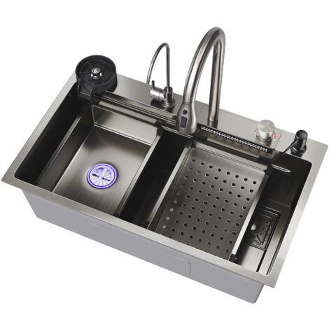 Sirhona – Évier de cuisine 1 bac en acier inoxydable 304 – Sortie d'eau cascade – Robinet extractible 360° – Dimensions 75x45x23 cm