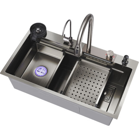 Sirhona – Évier de cuisine 1 bac en acier inoxydable 304 – Sortie d'eau cascade – Robinet extractible 360° – Dimensions 80x45x23 cm
