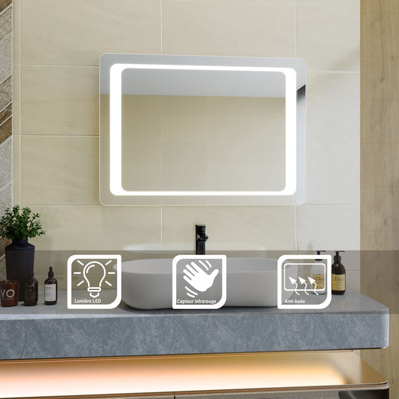 

Sirhona - LED Espejo de Bao 60x90cm Espejo de Bao con Iluminación LED Espejo de Luz de Bao con Interruptor Senor IR Más Segura de Controlar Espejo