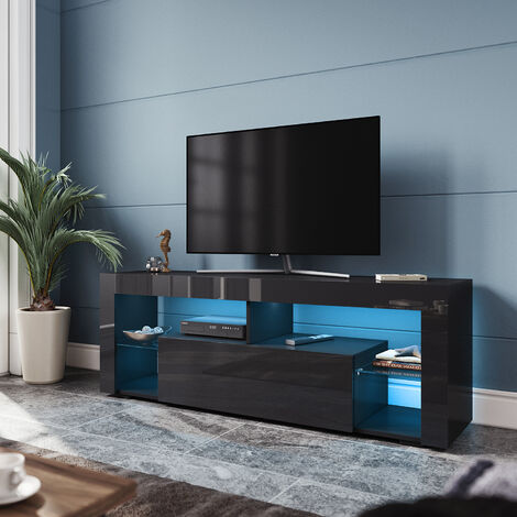 SIRHONA LED Meuble TV Noir avec 2 Compartiments et 1 Portes Bois avec Rangement,Meuble Télé en Verre avec éclairage LED RVB 16 Couleurs,140 cm