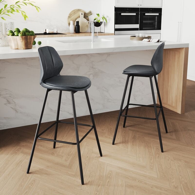 Sirhona - Lot de 2 Tabouret de Bar avec Dossier et Repose-Pieds en Pieds en métal Simili Cuir Pour in Cuisine Salle à manger 40x35x75cm Gris siège &