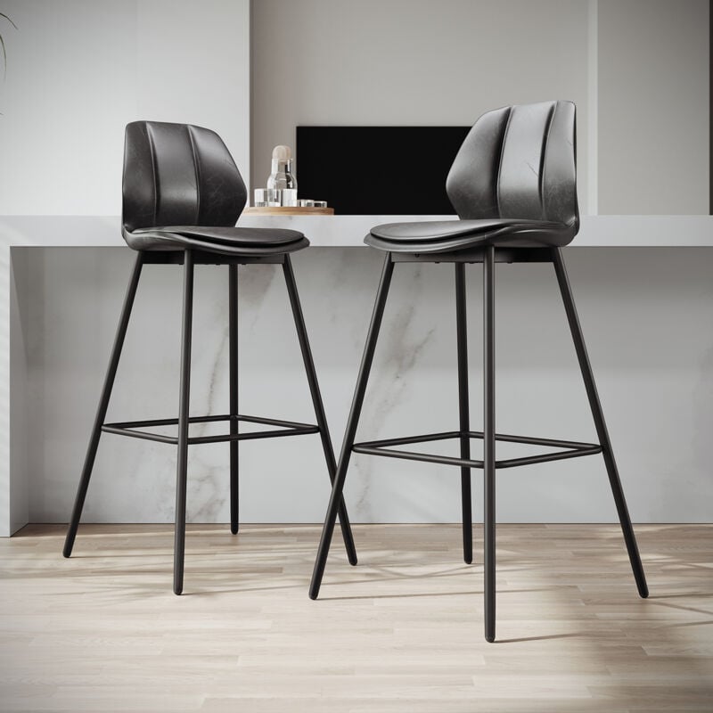 Sirhona - Lot de 2 Tabourets de Bar Chaise avec Dossier et Repose-pieds Hauteur de l'assise 75 cm, Gris siège & Noire base