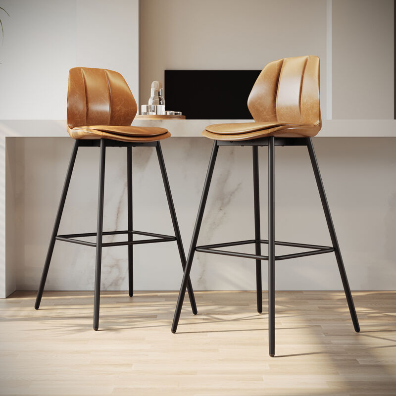 Lot de 2 Tabourets de Bar Chaise avec Dossier et Repose-pieds Hauteur de l'assise 75 cm, Marron siège & Noire base - Sirhona
