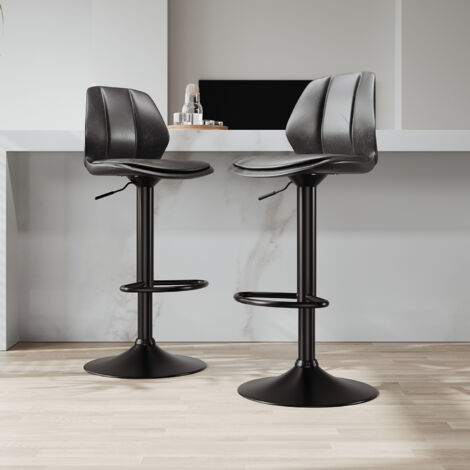 Sirhona – Lot de 2 tabourets de bar avec dossier et repose-pieds – Siège en éponge gris, base en fer noire – Hauteur réglable 88-108 cm