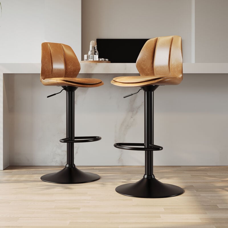 Sirhona - Lot de 2 Tabourets de Bar Chaise avec Dossier et Repose pieds Style modern, Marron siège & Noire base