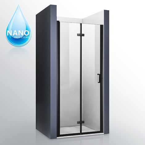 SIRHONA Mampara de Ducha Apertura de Puerta Plegable 6mm Nano Vidrio Templado Transparente Moderna Puerta de Ducha de Diseño Marco de Aluminio Negro 90x195cm