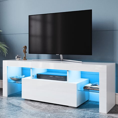 SIRHONA Meuble TV Blanc Laqué, Meuble TV LED de 16 Couleurs, rangement de 4 Compartiments, Meuble Télé pour Chambre, Moderne