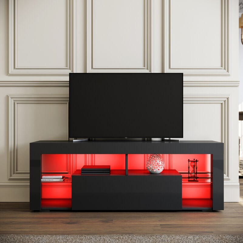 Sirhona - Meuble tv moderne avec éclairage led Meuble de salon Chambre à coucher Meuble de télévision Meuble tv pour rangement médias 1400mm Noir