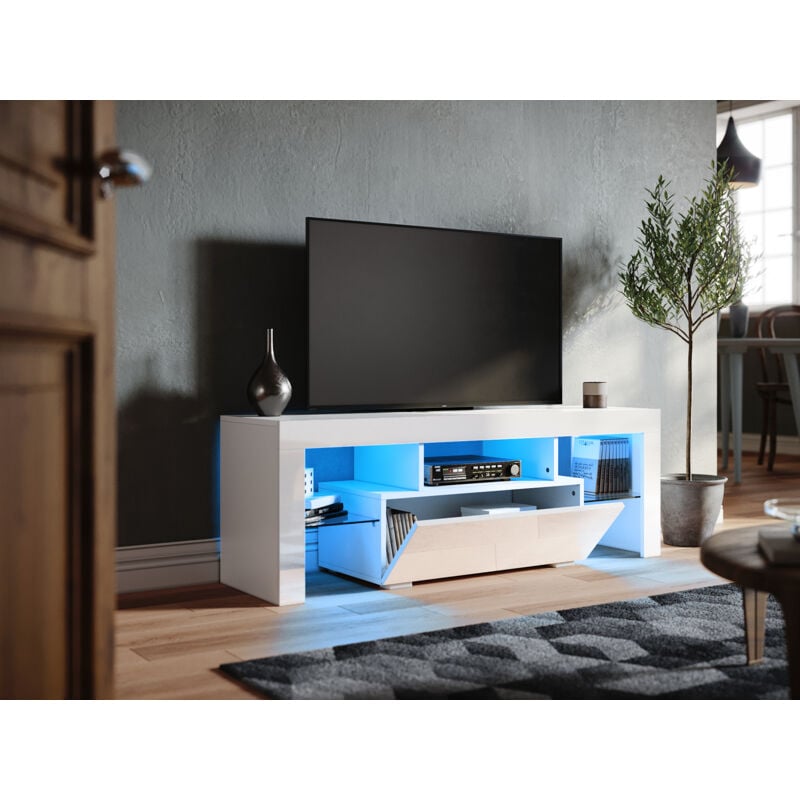 Sirhona - Meuble tv moderne brillant avec éclairage led Salon Chambre à coucher Meuble tv Meuble tv pour le rangement des médias 1300mm Meuble tv