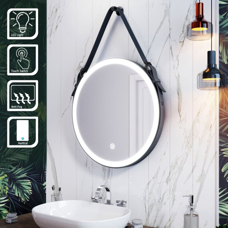 Miroir lumineux de salle de bain rond 600x600 mm, led, anti-buée, étanche, lumière blanche froide - Sirhona