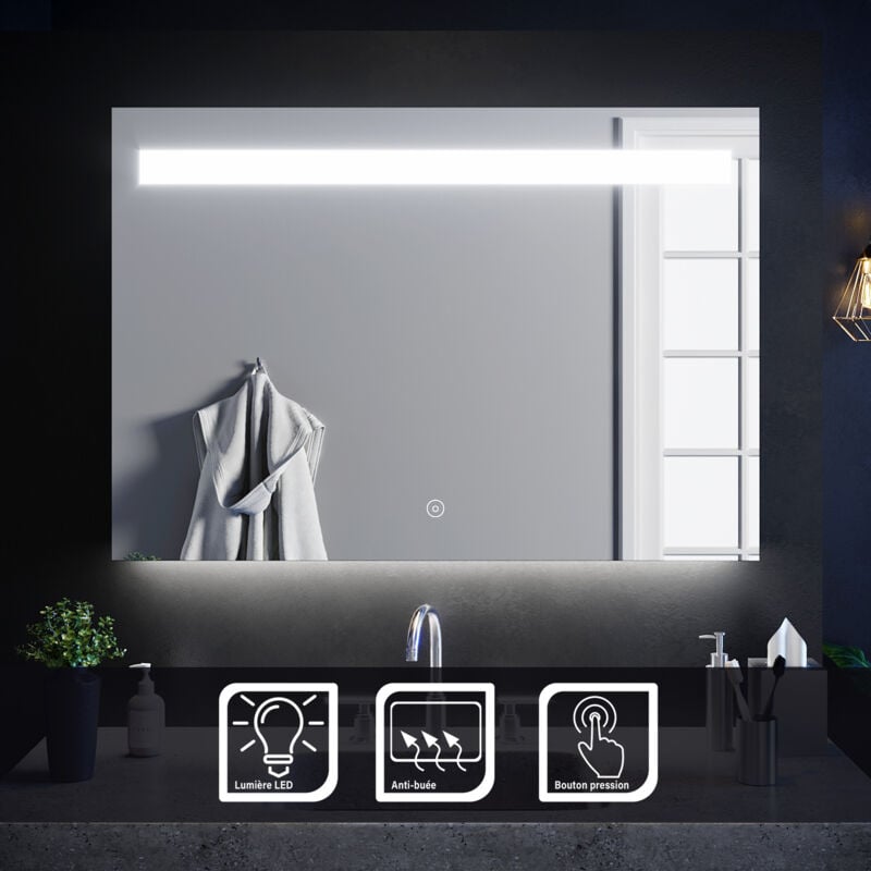 Miroir de salle de bain led rectangle Commutateur Anti-buée éclairage intégré blanc froid 100x70 cm - Sirhona
