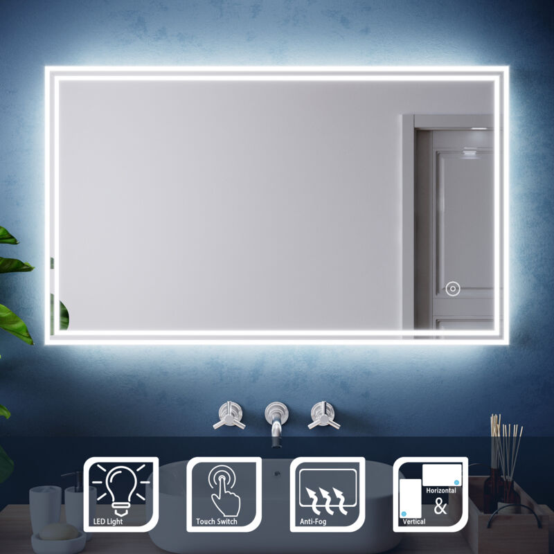 Miroir lumineux de salle de bain 100x60 cm Miroir led Anti-buée éclairage intégré blanc froid Commande par Effleurement - Sirhona