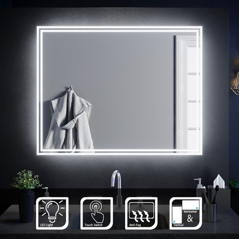 Miroir LED mural avec cadre bois massif rectangulaire L225 - Artforma