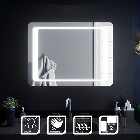 SIRHONA de salle de bain led rectangle Commutateur Anti-buée éclairage intégré blanc froid Infrarouge 80x60 cm