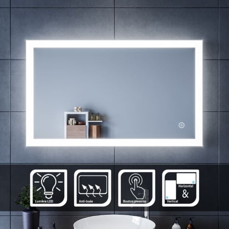 SIRHONA Miroir de salle de bains avec éclairage LED Miroir Cosmétiques Mural Lumière Illumination avec Commande par Effleurement,SIRHONA 100x60 CM