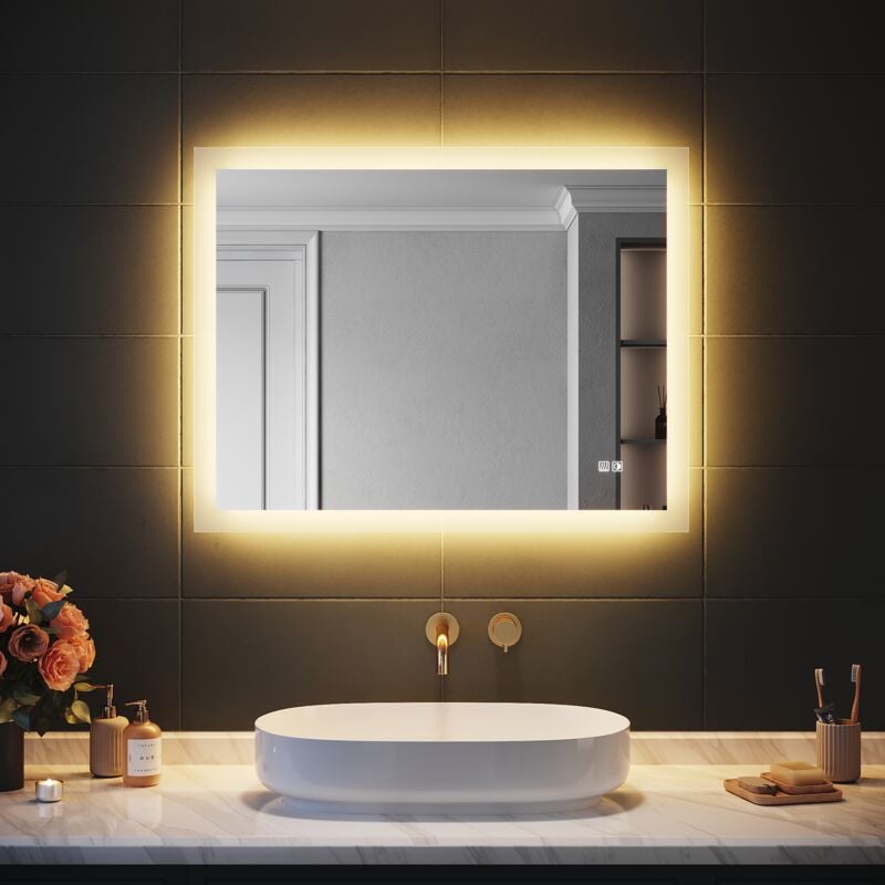 SIRHONA Miroir de Salle de Bains 90x70 CM avec Éclairage LED, Miroir Cosmétiques Mural, Lumière à Trois Couleurs et Fonction Anti-Buée