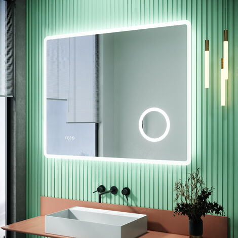SIRHONA Miroir de salle de bains LED Miroir salle de bain avec prise de courant Anti-buée avec éclairage Miroir grossissant 3X Blanc froid 90x70cm