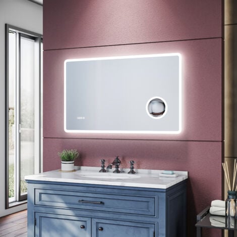 SIRHONA Miroir de salle de bains - Miroirs cosmétiques muraux - Miroir avec led illumination - Anti-buée avec éclairage led - Avec prise rasoir - Miroir grossissant 3X 1000 x 600 x 40mm Blanc froid