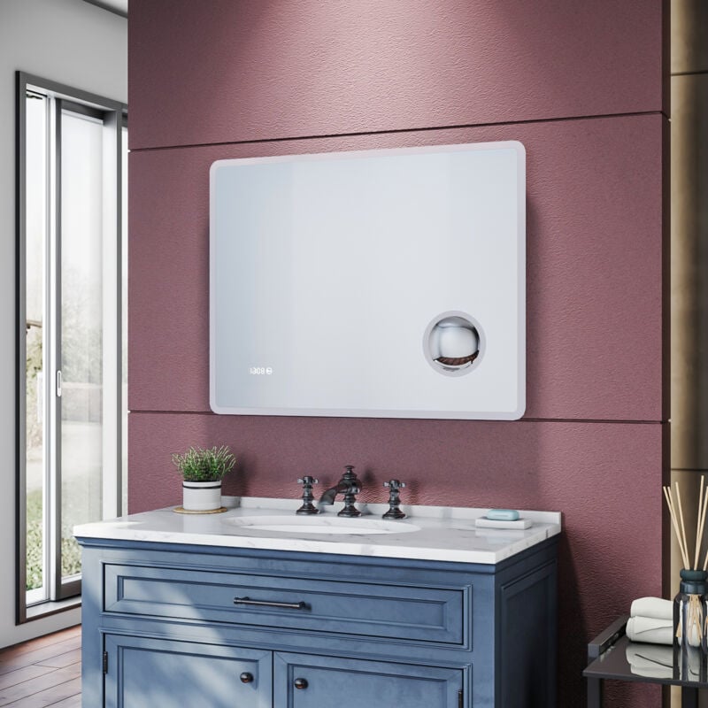 Sirhona - Miroir de salle de bains - Miroirs cosmétiques muraux - Miroir avec led illumination - Anti-buée avec éclairage led - Avec prise rasoir