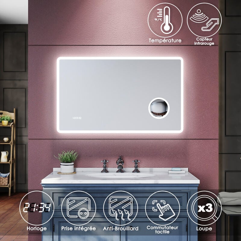 Sirhona - Miroir de salle de bains - Miroirs cosmétiques muraux - Miroir avec led illumination - Anti-buée avec éclairage led - Avec prise rasoir