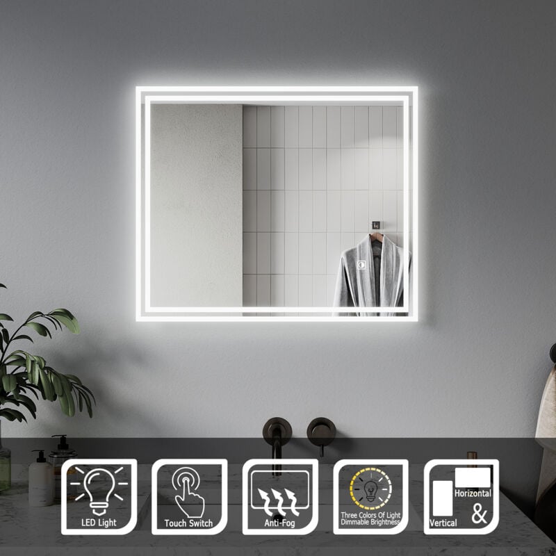 Miroir lumineux de salle de bain miroir led avec réglage de lumière tricolore, désembuage et commande tactile, 60x50 cm - Sirhona