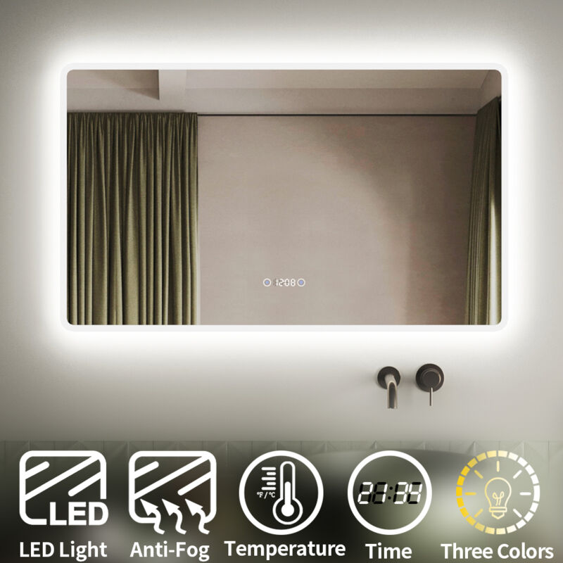 Miroir lumineux de salle de bain – Miroir led 100x60 cm avec Trois Lumières Réglables et Affichage de l'Heure - Sirhona
