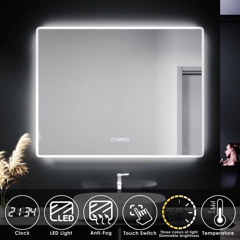 Miroir lumineux de salle de bain – Miroir led 90x70 cm avec Anti-Buée, Trois Lumières Réglables et Affichage de l'Heure - Sirhona