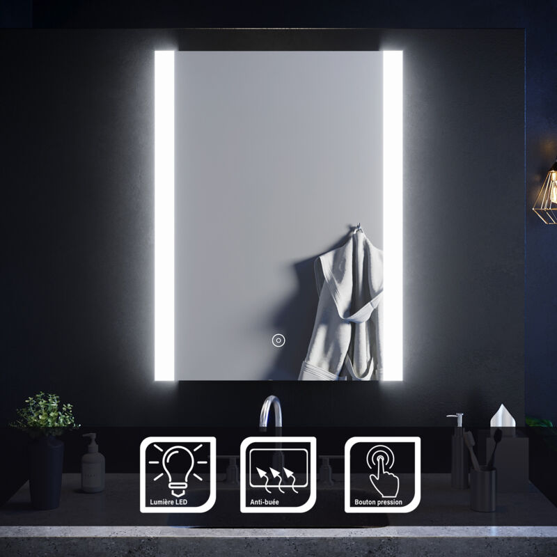 Miroir de salle de bain led rectangle Commutateur Anti-buée éclairage intégré blanc froid Bandes lumineuses des deux côtés 80x60 cm - Sirhona