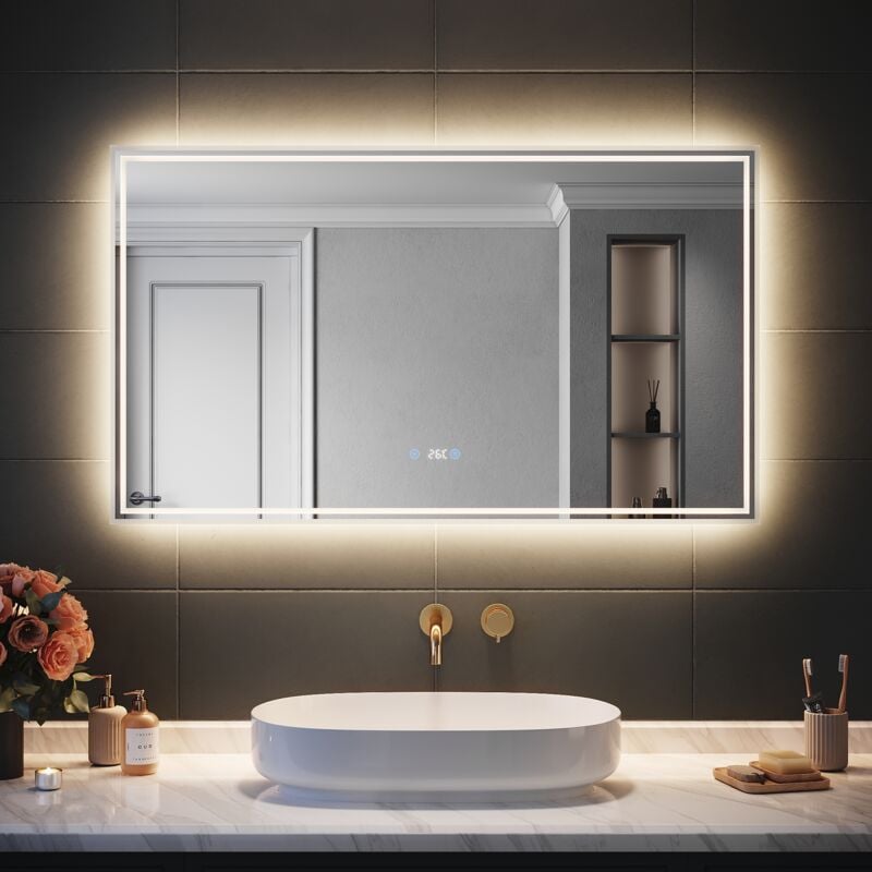 Miroir led Salle de Bain Bluetooth 120x70cm - Miroir Lumineux avec Anti-buée, Affichage de l'Heure et Température,trois températures de couleur