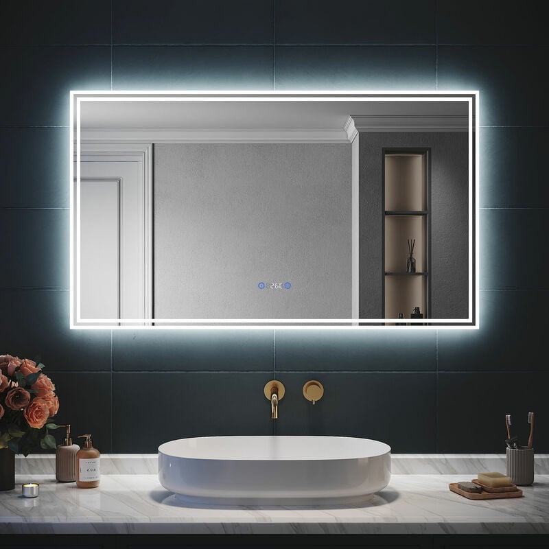 Miroir led Salle de Bain Bluetooth 120x70cm - Miroir Lumineux avec Anti-buée, Affichage de l'Heure et Température,lumière blanche froide