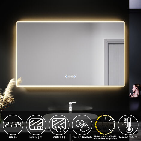 Sirhona – Miroir lumineux de salle de bain 100 x 60 cm – LED avec 3 températures de couleur – Antibuée et affichage de l'heure – Étanchéité IP44