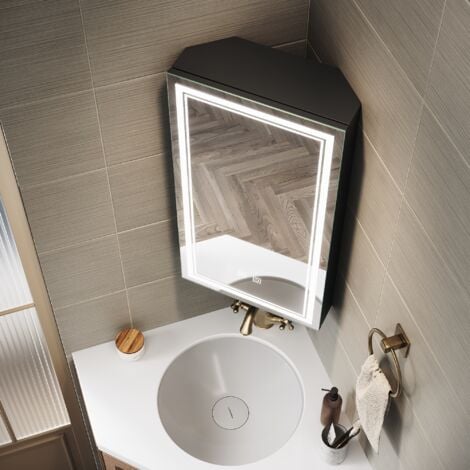 SIRHONA Miroir lumineux de salle de bain Armoire de toilette d'angle avec désembuage Prise rasoir 3 lumières LED 385x700mm