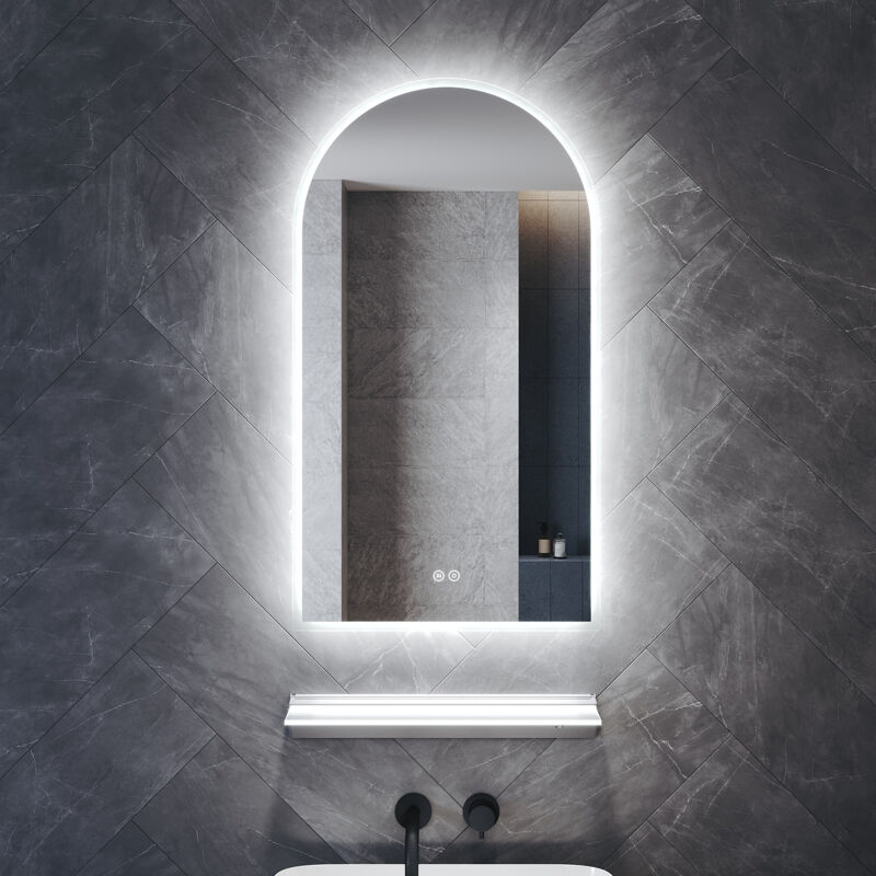 SIRHONA Miroir lumineux de salle de bain avec étagère éclairée - Miroir incurvé antibuée avec trois températures de couleur réglables et prise de