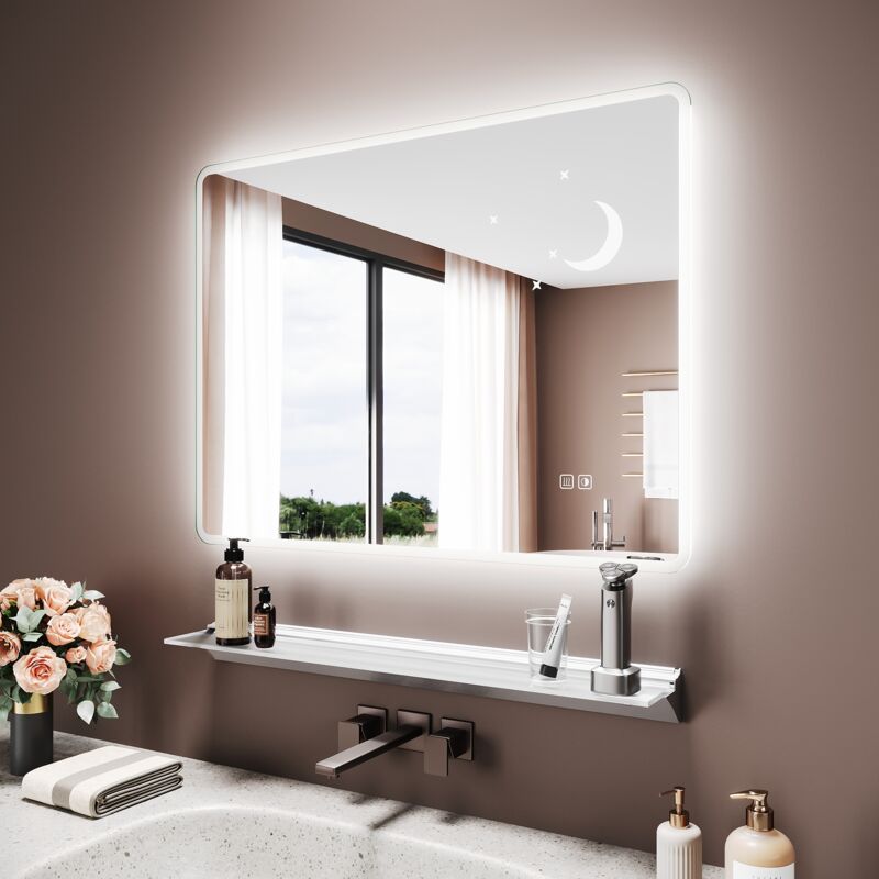 SIRHONA Miroir lumineux de salle de bain avec étagère éclairée - Miroir LED avec 3 couleurs d'éclairage, prise électrique intégrée, Antibuée, 80 x 60