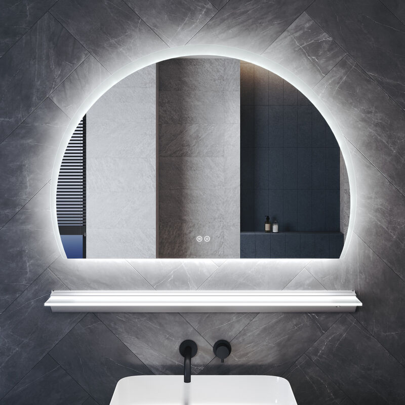 SIRHONA Miroir lumineux de salle de bain avec étagère éclairée - Miroir semi-circulaire antibuée avec fonction mémoire, trois couleurs réglables, 100