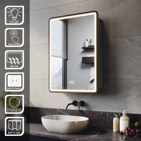 SIRHONA Miroir lumineux de salle de bain avec prise rasoir désembuage 3 modes d'éclairage Armoire de toilette, 500x700mm Noir