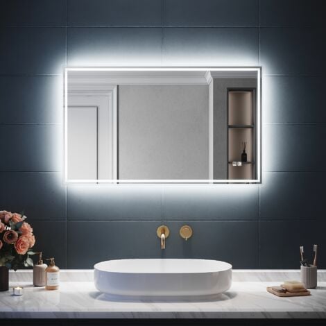 SIRHONA Miroir lumineux de salle de bain LED Miroir de courtoisie mural avec éclairage LED et commande tactile, Fonction de désembuage, réglage de la lumière tricolore 100x60 CM