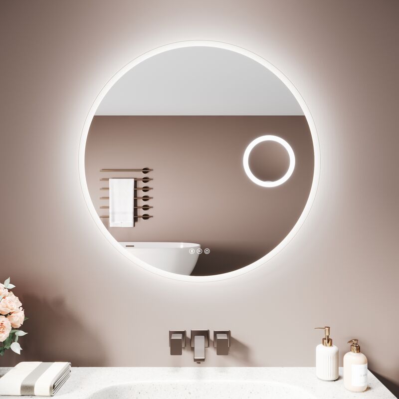 SIRHONA Miroir lumineux de salle de bain - Miroir de Salle de Bain Circulaire Bluetooth avec Anti-Buée, 3 Tons de Lumière, Lampe de Grossissement 3x,
