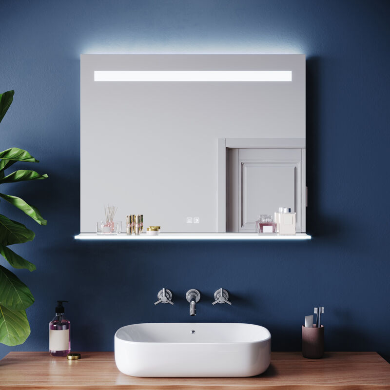 SIRHONA Miroir lumineux de salle de bain - Miroir intelligent antibuée à double éclairage, avec 3 températures de couleur et une étagère, 100 x 65 cm