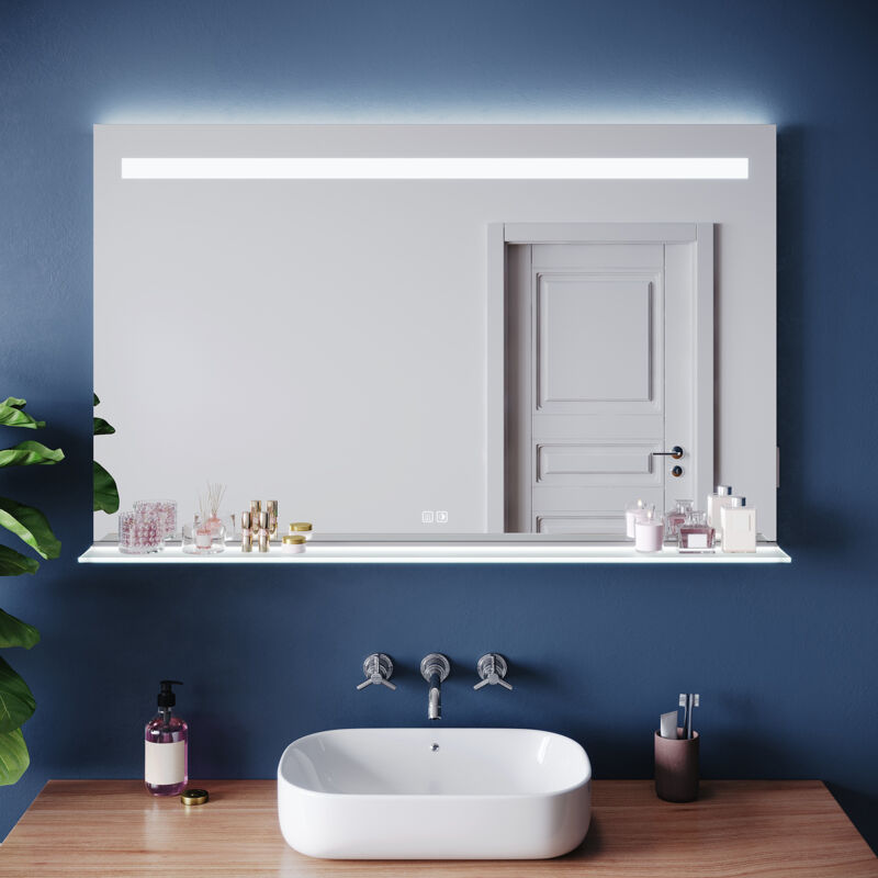 SIRHONA Miroir lumineux de salle de bain - Miroir intelligent antibuée à double éclairage, avec 3 températures de couleur et une étagère,120 x 75 cm