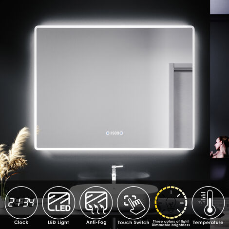Sirhona – Miroir lumineux de salle de bain LED 90x70 cm – Anti-buée, trois lumières réglables, affichage de l'heure, étanchéité IP44