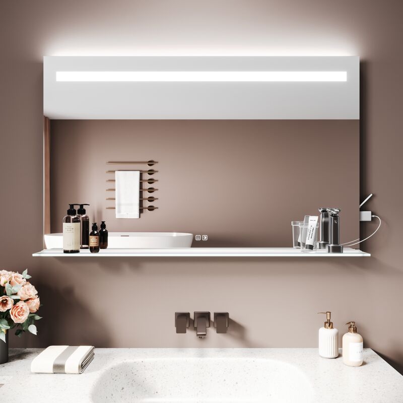 SIRHONA Miroir lumineux de salle de bain - Miroir LED avec Étagère Lumineuse, Anti-Buée, 3 Températures de Couleur Réglables, Prise Intégrée, 120x75