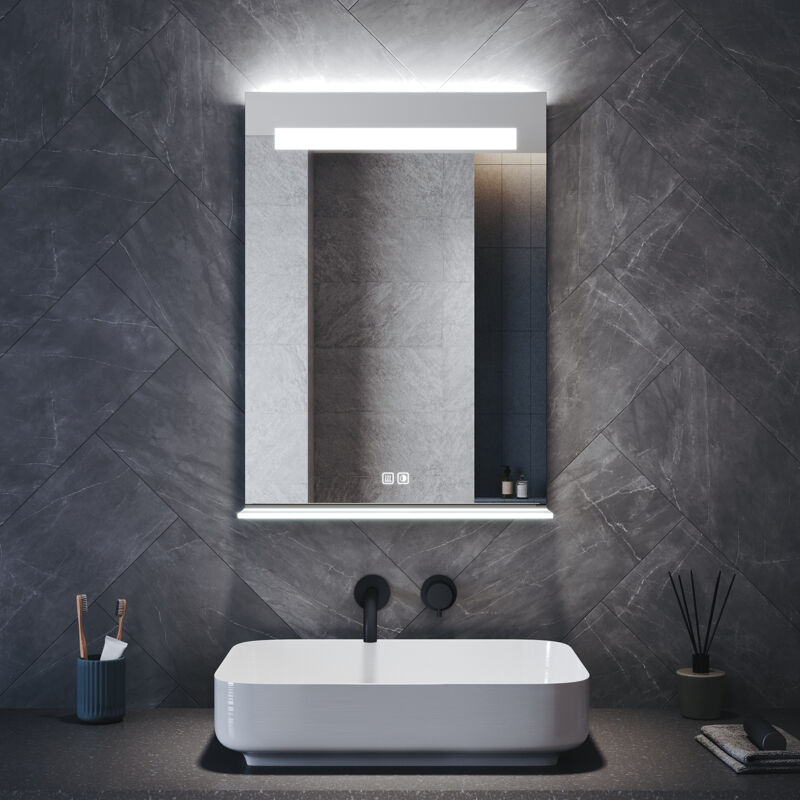 SIRHONA Miroir lumineux de salle de bain - Miroir LED avec Étagère Lumineuse, Anti-Buée, 3 Températures de Couleur Réglables, Prise Intégrée, 50x70 cm