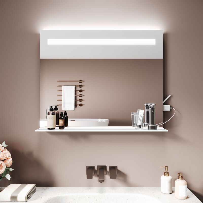 SIRHONA Miroir lumineux de salle de bain - Miroir LED avec Étagère Lumineuse, Anti-Buée, 3 Températures de Couleur Réglables, Prise Intégrée, 80x65 cm