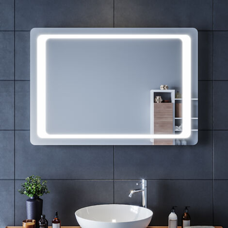 Sirhona – Miroir lumineux de salle de bain 100x70 cm – LED avec capteur infrarouge – Fonction anti-buée – Cadre en aluminium IP44