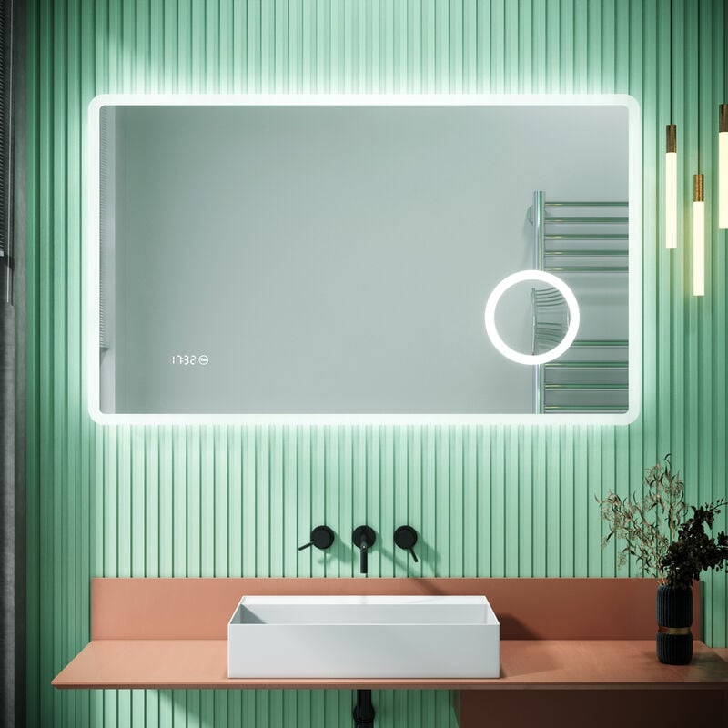 Miroir lumineux de salle de bain, miroir led mural de 100x60 cm anti-buée avec miroir grossissant 3 fois, prise de courant - Sirhona